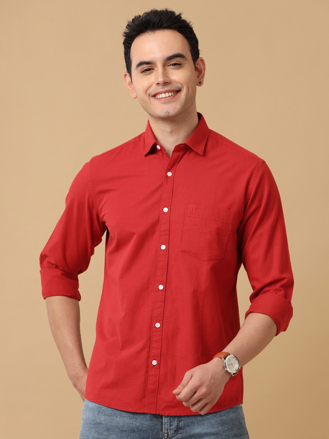 

CAVALLO by Linen Club Men Linen Cotton Casual Shirt, Red