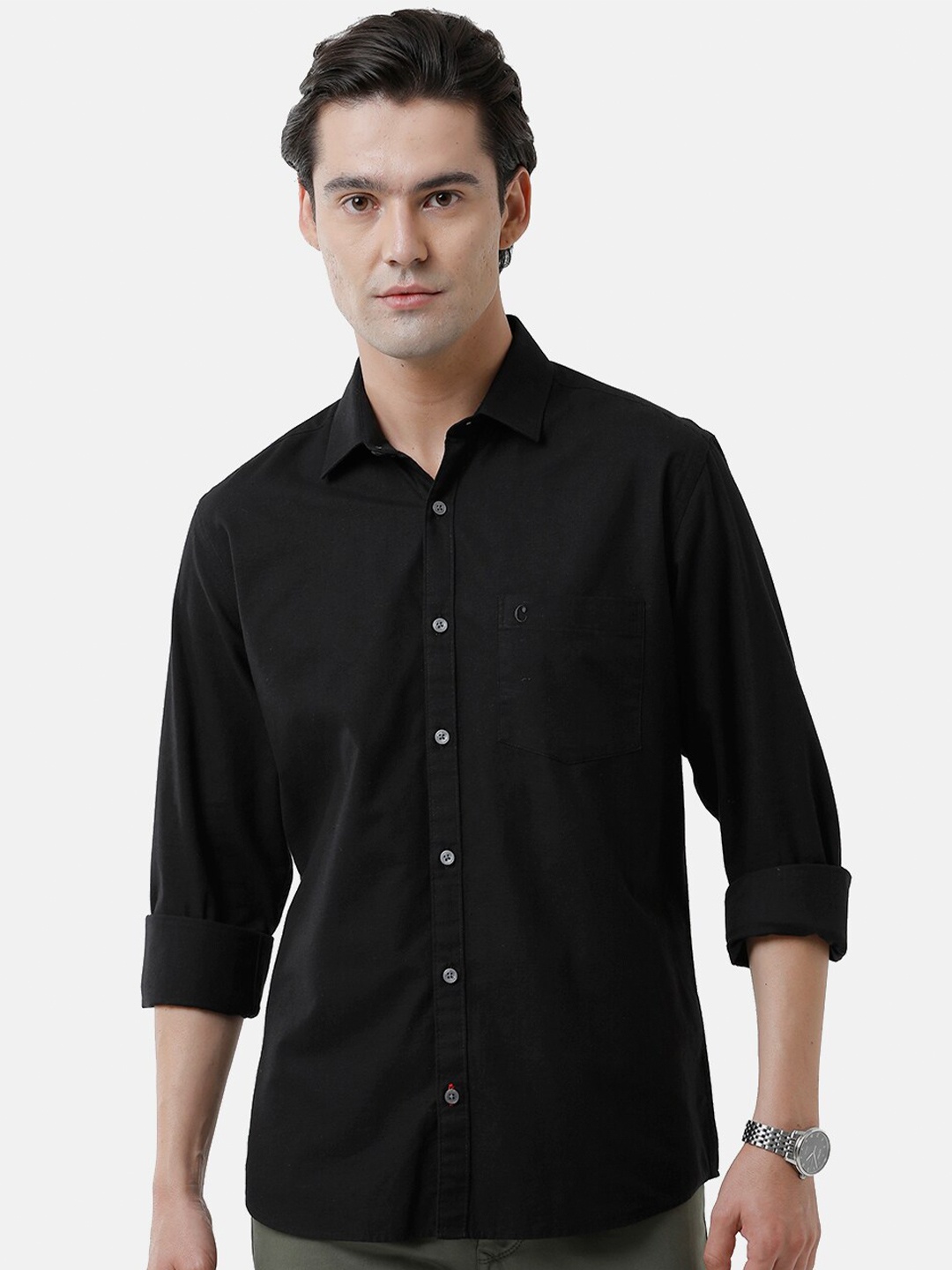 

CAVALLO by Linen Club Men Spread Collar Roll Up Sleeves Casual Shirt, Black