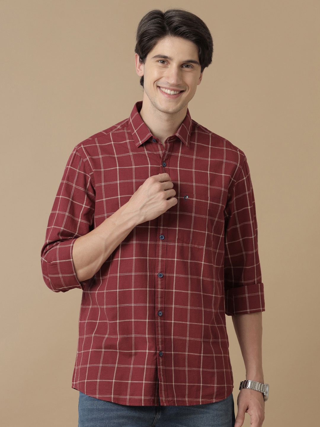 

CAVALLO by Linen Club Men Windowpane Checked Casual Linen Shirt, Maroon