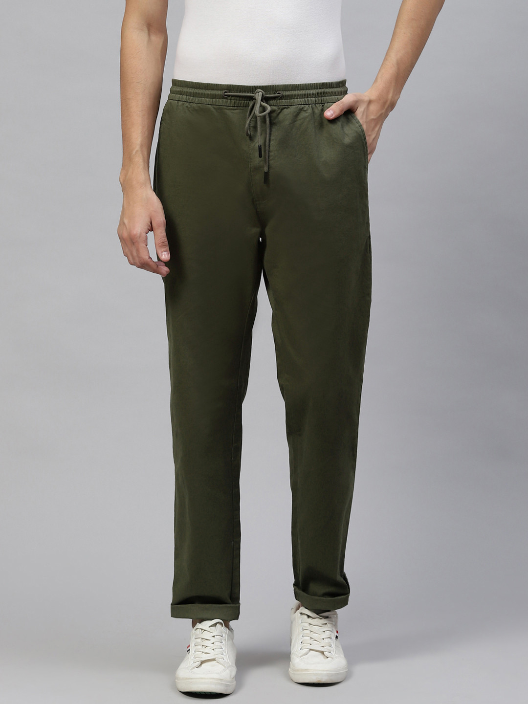 

Marks & Spencer Men Olive Green Solid Straight Fit High-Rise Trousers