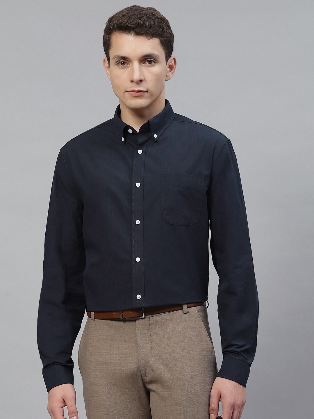 

Marks & Spencer Men Navy Blue & Red Pure Cotton Striped Formal Shirt