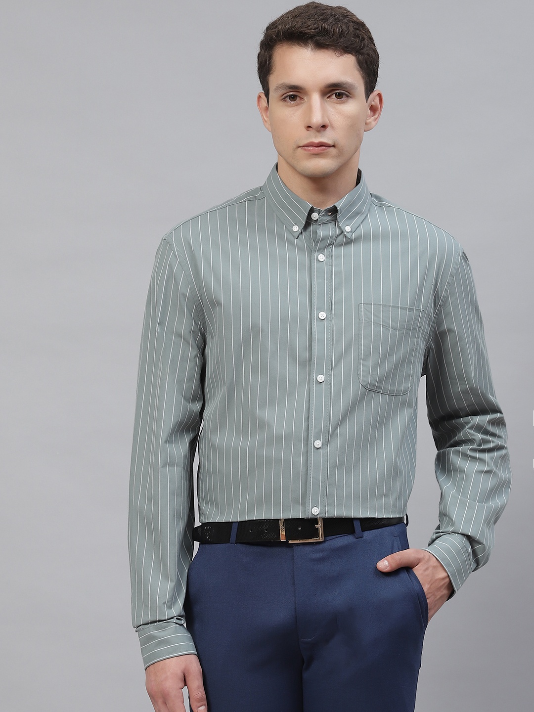 

Marks & Spencer Men Grey & White Pure Cotton Striped Formal Shirt