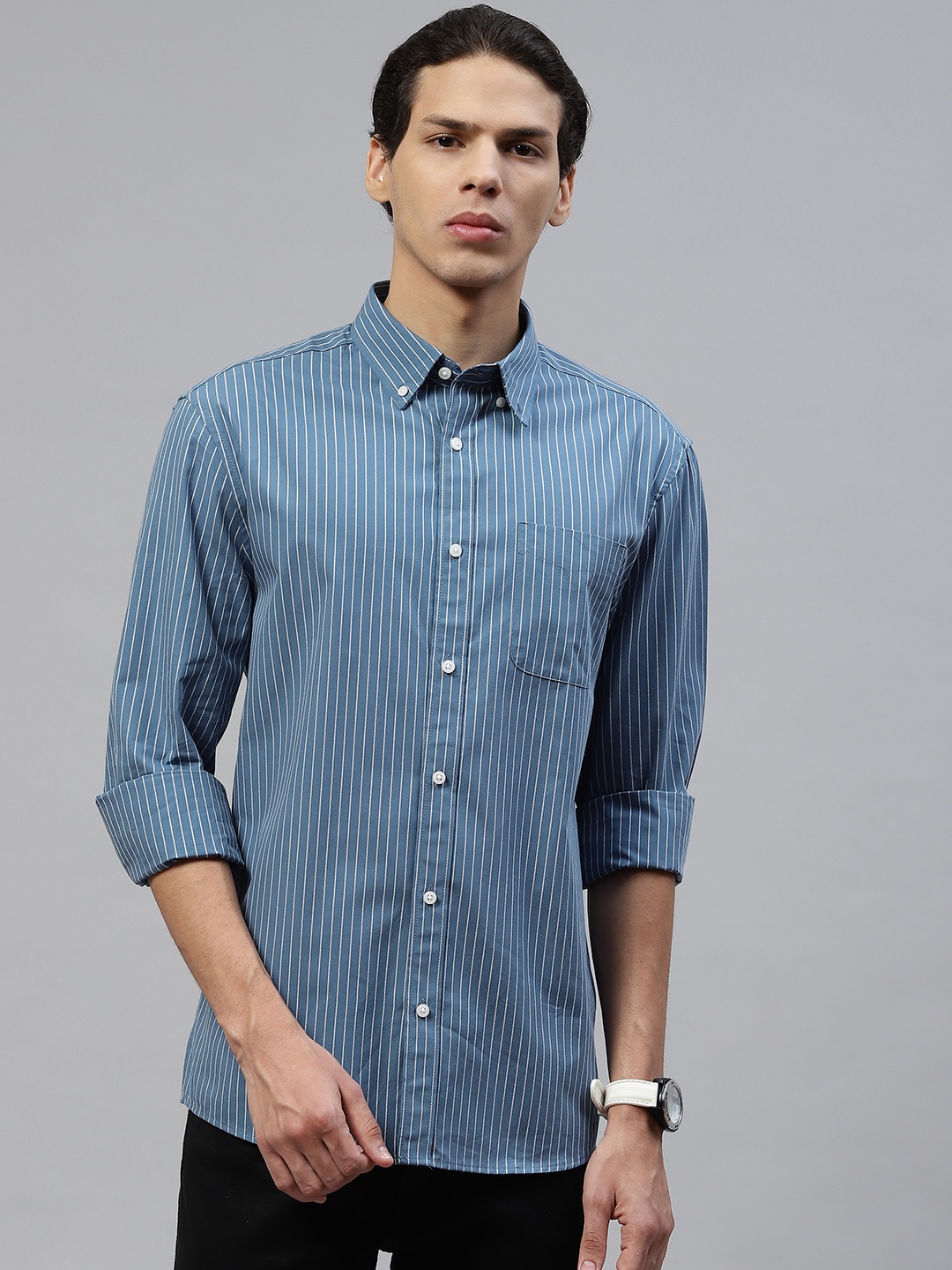 

Marks & Spencer Men Blue & White Striped Pure Cotton Casual Shirt