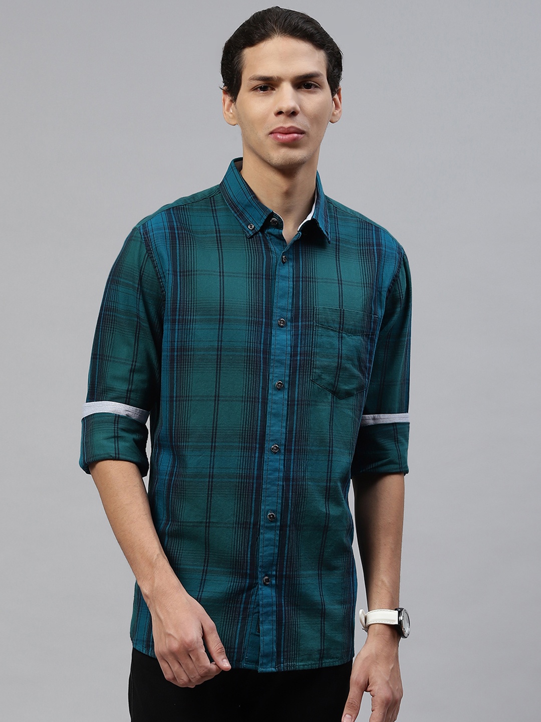 

Marks & Spencer Men Teal Green Self Stripes Pure Cotton Casual Shirt