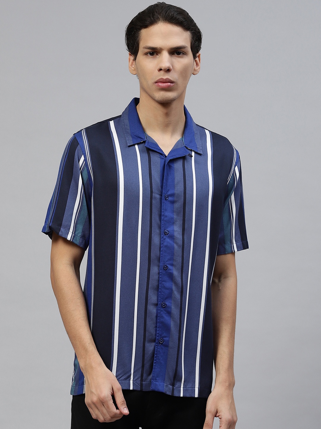 

Marks & Spencer Men Navy Blue Striped Casual Shirt