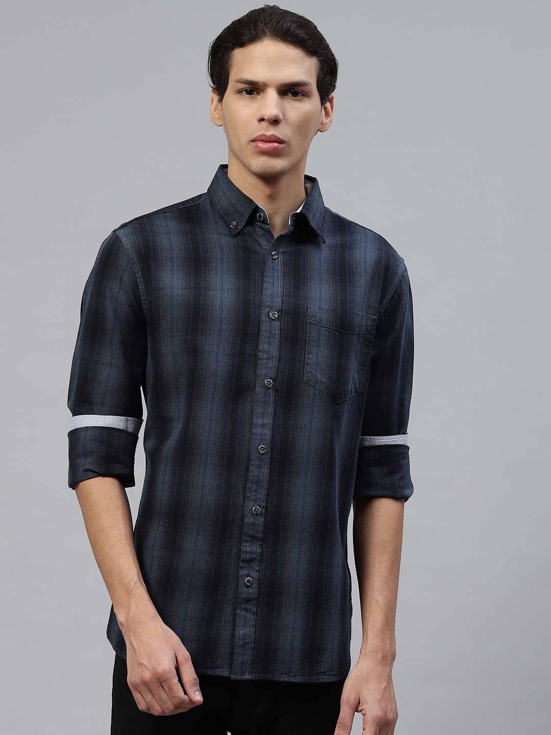 

Marks & Spencer Men Blue Self Stripes Pure Cotton Casual Shirt