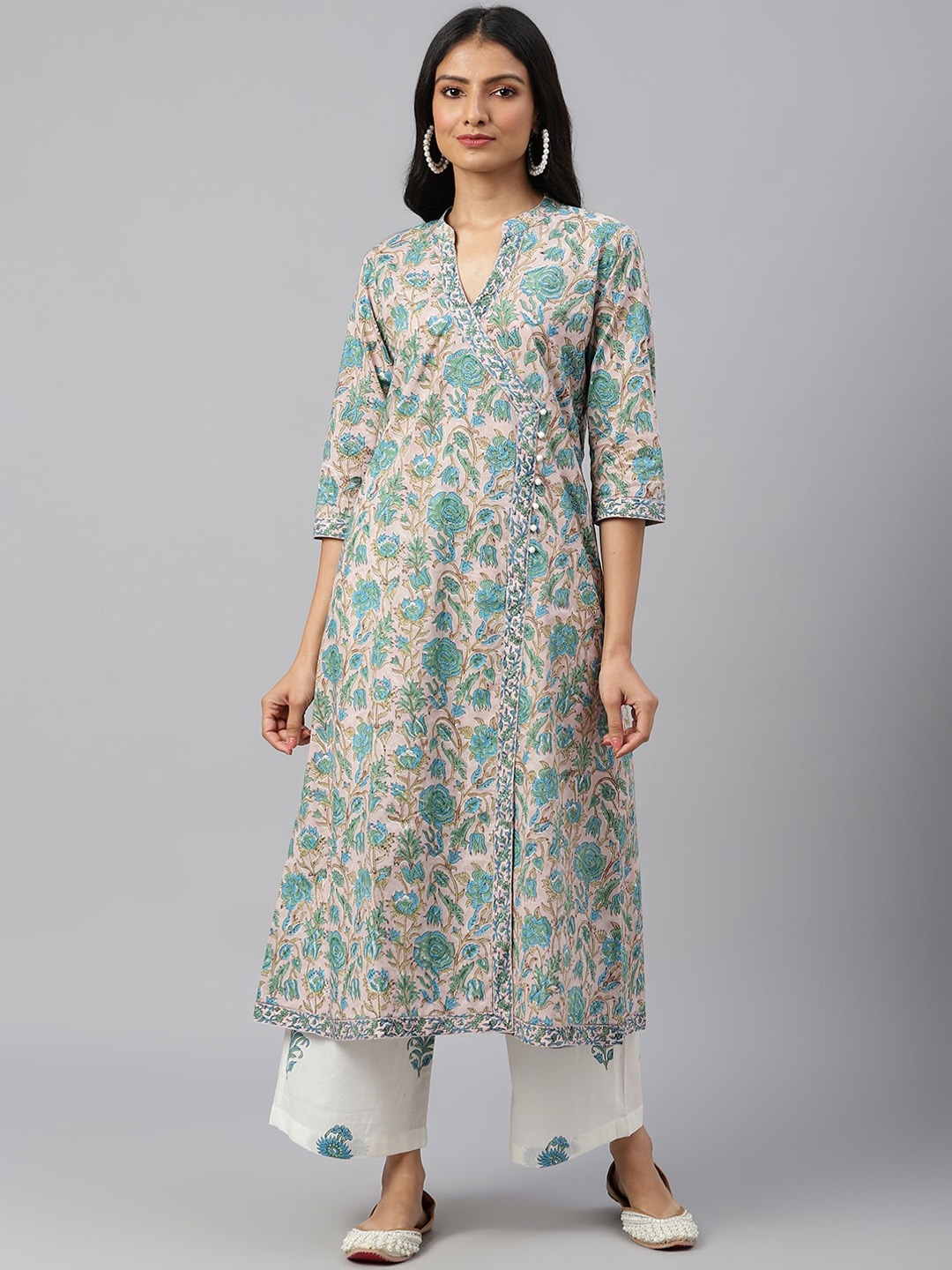 

SHRINKHLA Women Cream & Blue Printed Angrakha Pure Cotton Kurta with Palazzos