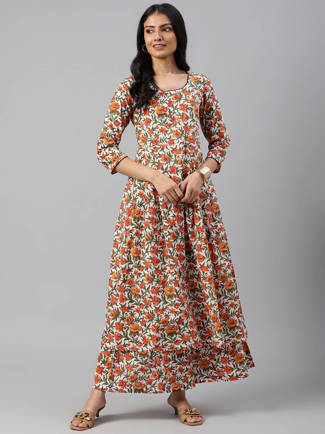 

SHRINKHLA Women Floral Printed Pleated Cotton A-Line Kurta with Palazzos, White