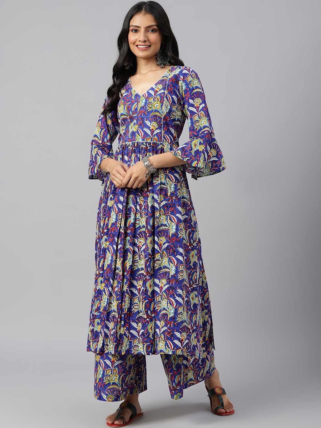 

SHRINKHLA Women Blue & Yellow Floral Printed Pure Cotton Kurta with Palazzos