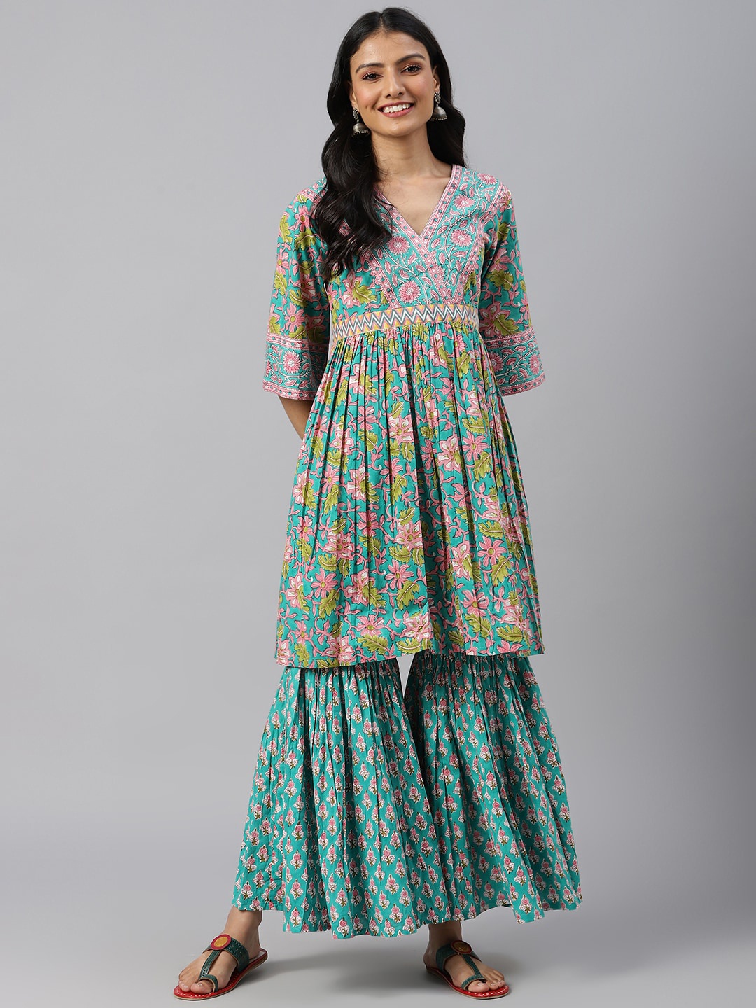 

SHRINKHLA Women Floral Printed Pure Cotton Kurta with Sharara Set, Sea green