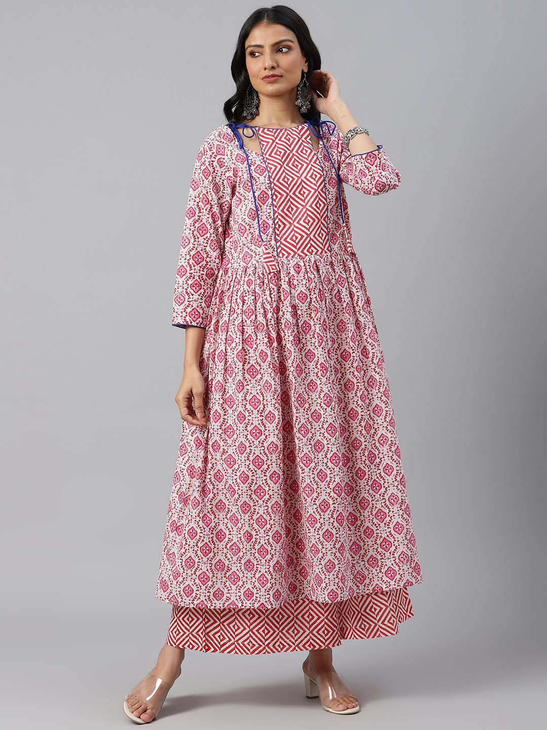 

SHRINKHLA Women Pink Ethnic Motifs Yoke Design Pleated Pure Cotton Kurta with Palazzos