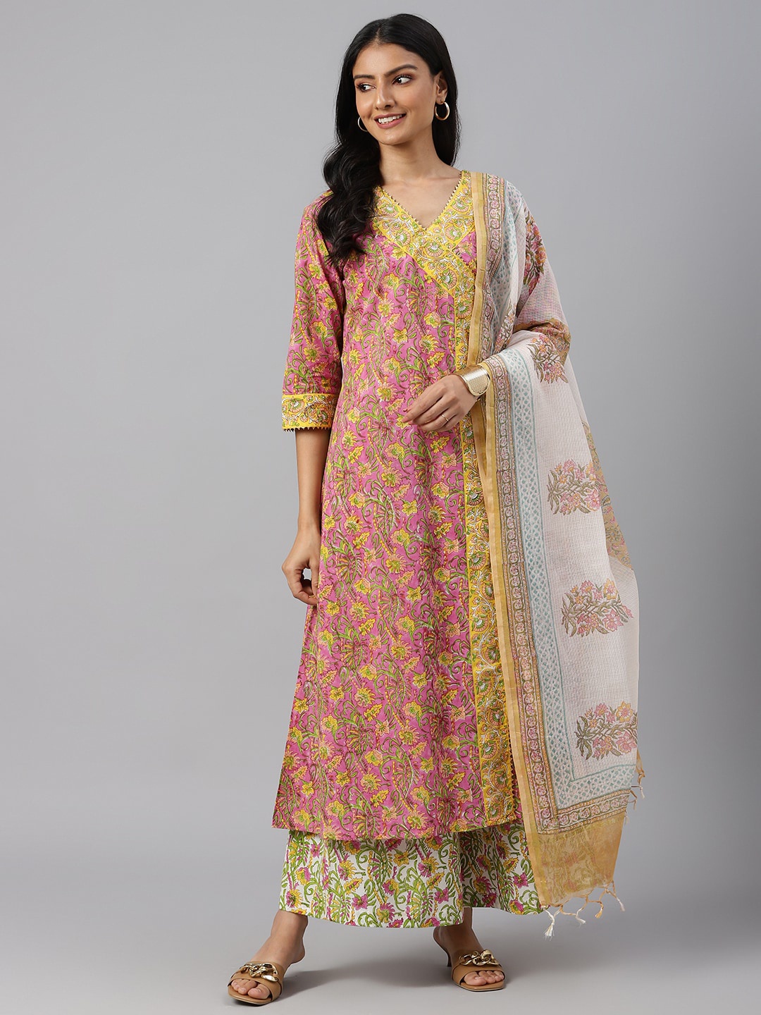 

SHRINKHLA Women Pink And Yellow Floral Pure Cotton Angrakha Kurta With Palazzo And Dupatta