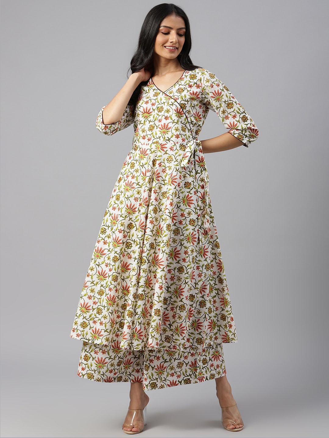 

SHRINKHLA Women Off White & Green Floral Printed Angrakha Pure Cotton Kurta with Palazzos