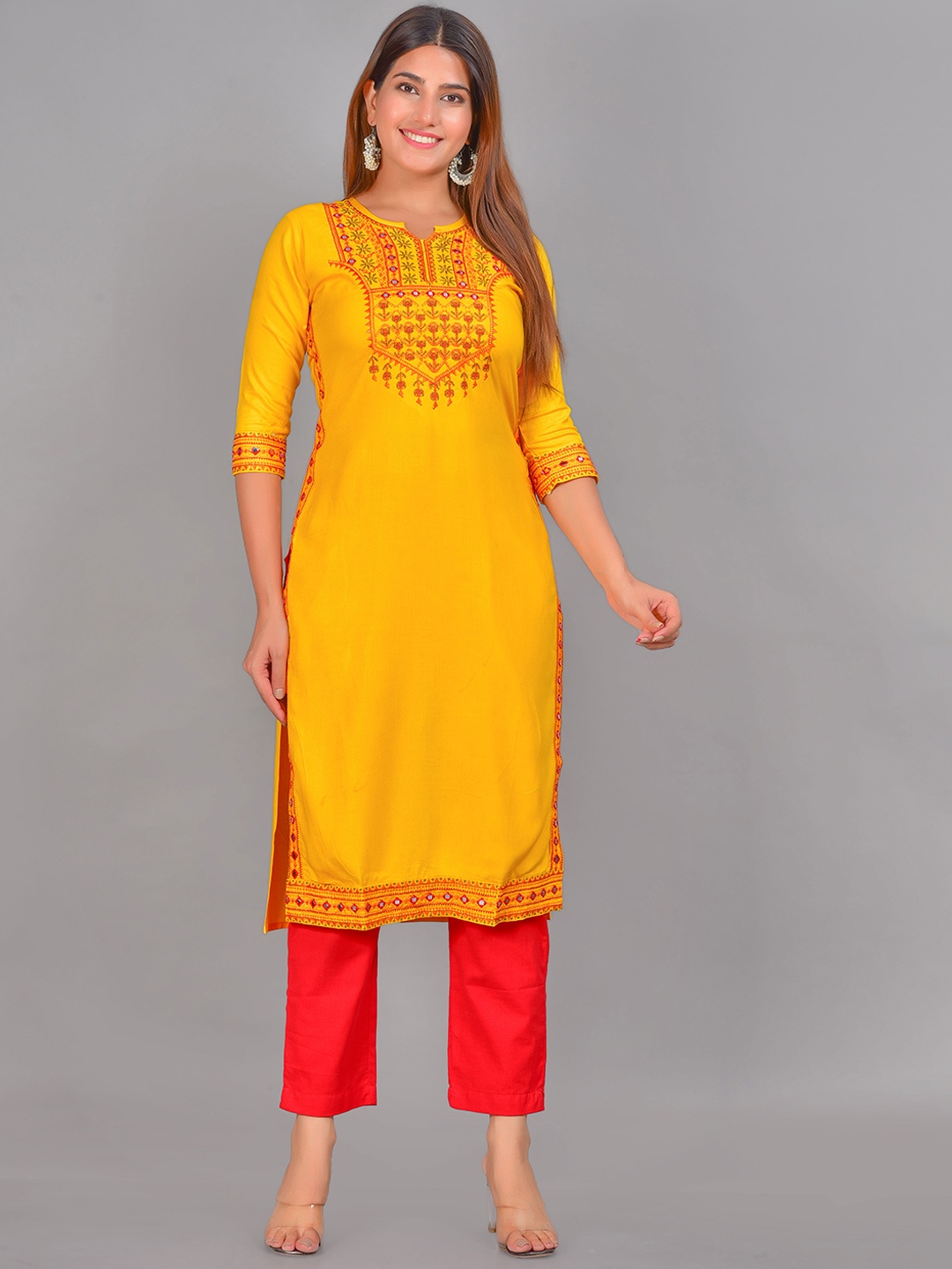 

Senyora Women Mustard Yellow Embroidered Kurta with Trousers