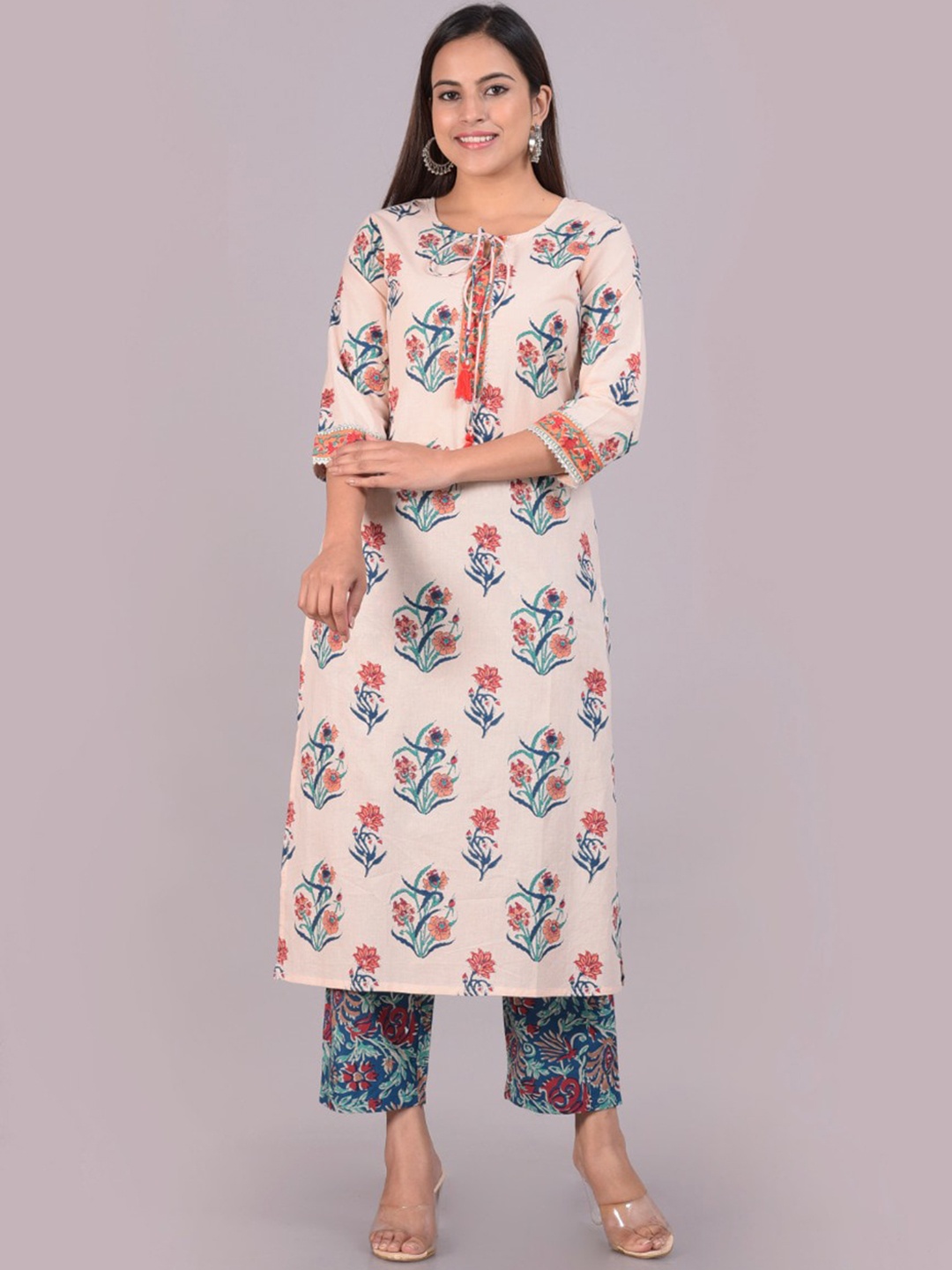 

Senyora Women Beige Floral Printed Pure Cotton Kurta with Trousers & With Dupatta