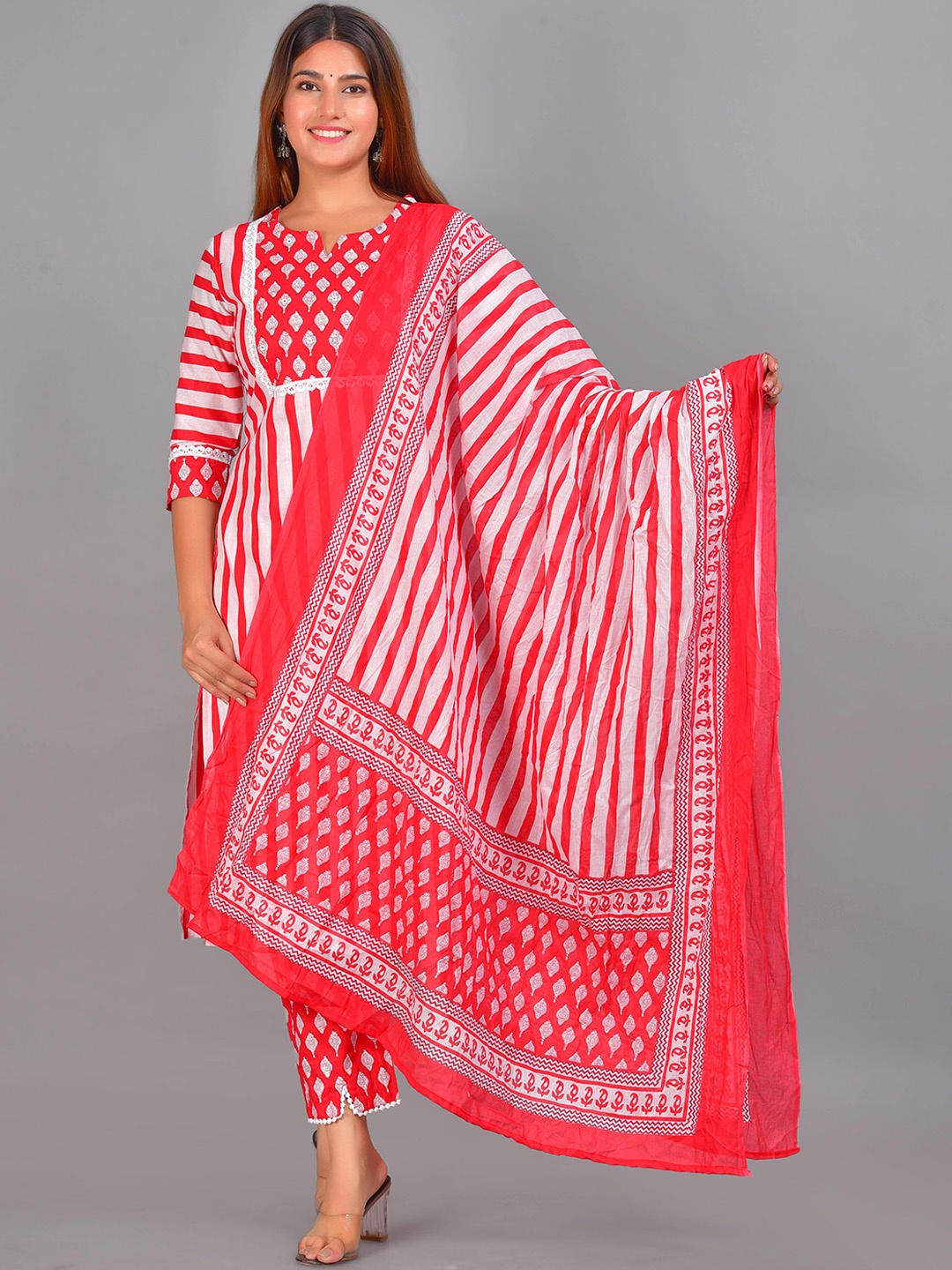 

Senyora Women Red & White Striped Pure Cotton Kurta with Trousers & With Dupatta