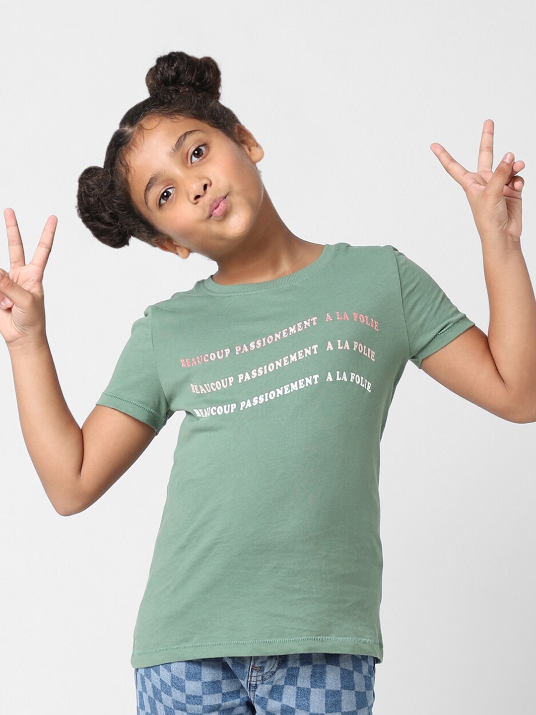 

KIDS ONLY Girls Printed Cotton Typography Printed T-shirt, Green
