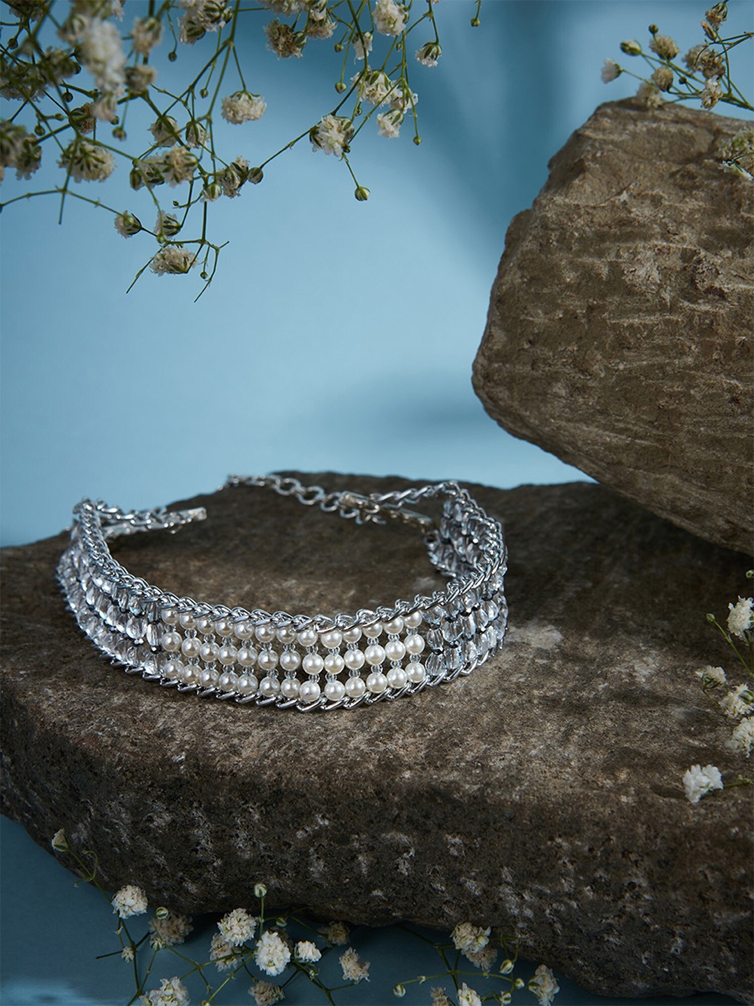 

D'oro Silver-Plated Pearls Studded Choker Necklace, Grey