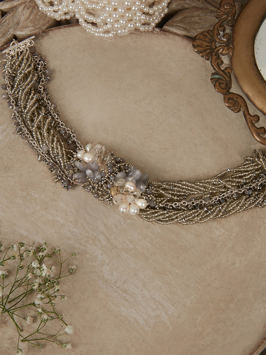 

D'oro Silver-Plated Pearls Studded Choker Necklace, Grey