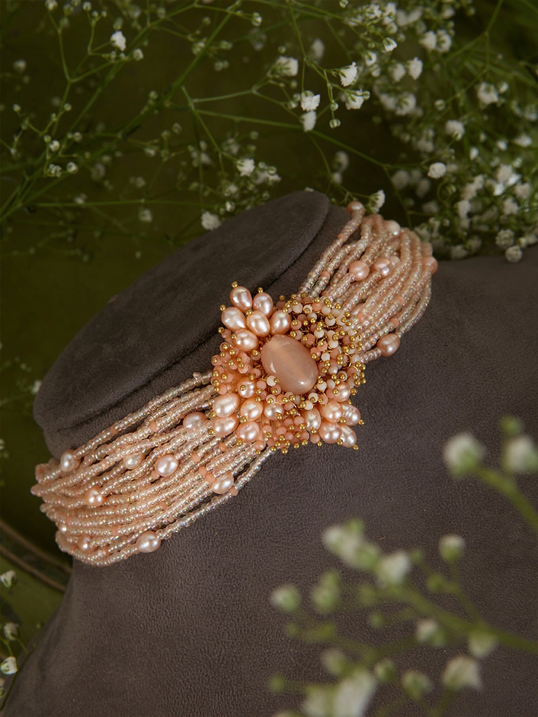 

D'oro Gold-Plated Pearls Studded Choker Necklace, Peach