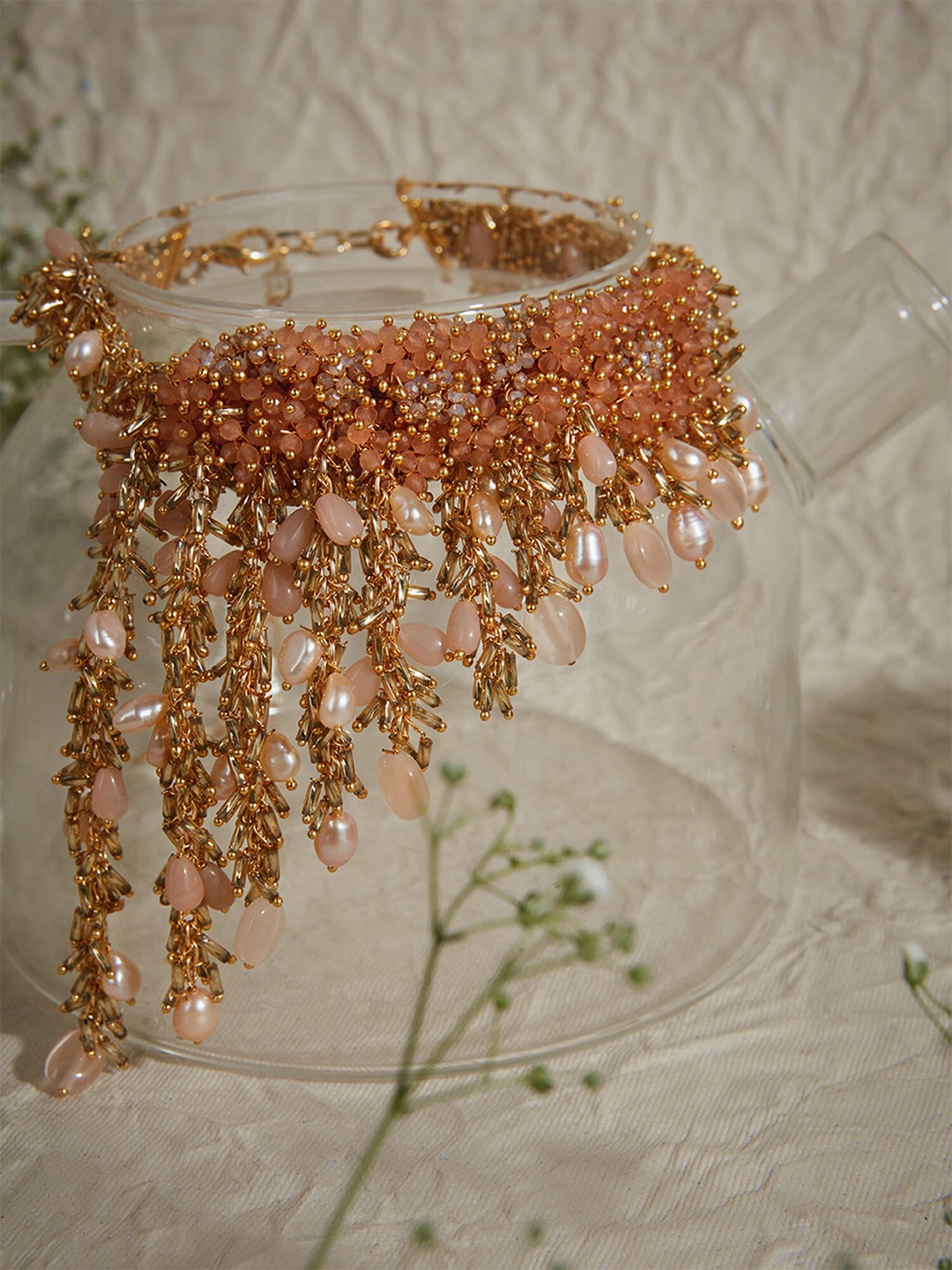 

D'oro Gold-Plated Pearls Studded Choker Necklace, Peach