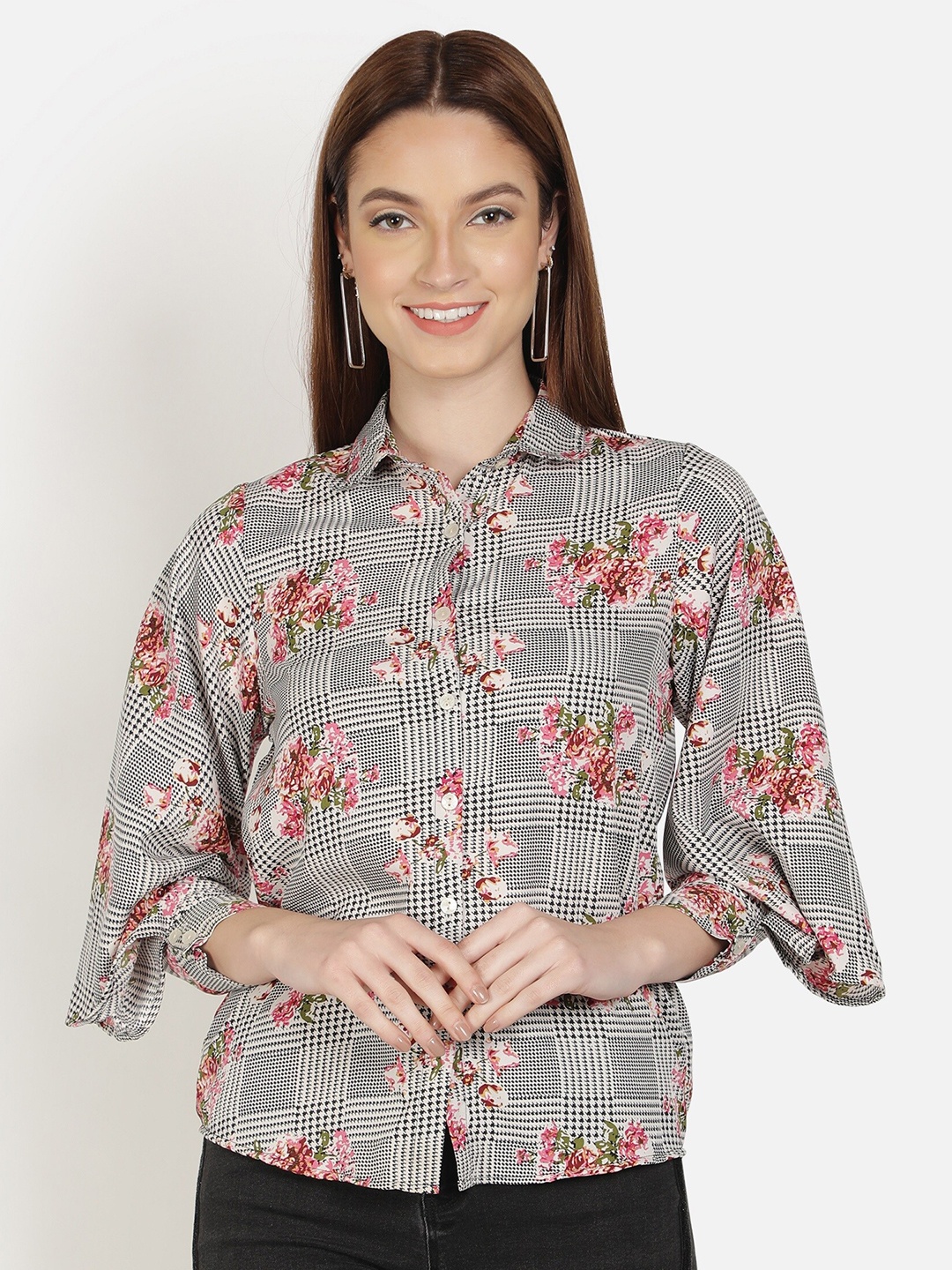 

Sipsew Women Modern Floral Printed Casual Shirt, Grey