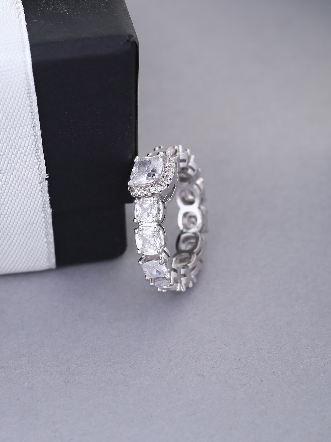 

Tistabene Rhodium Plated & American Diamond Studded Ring, White