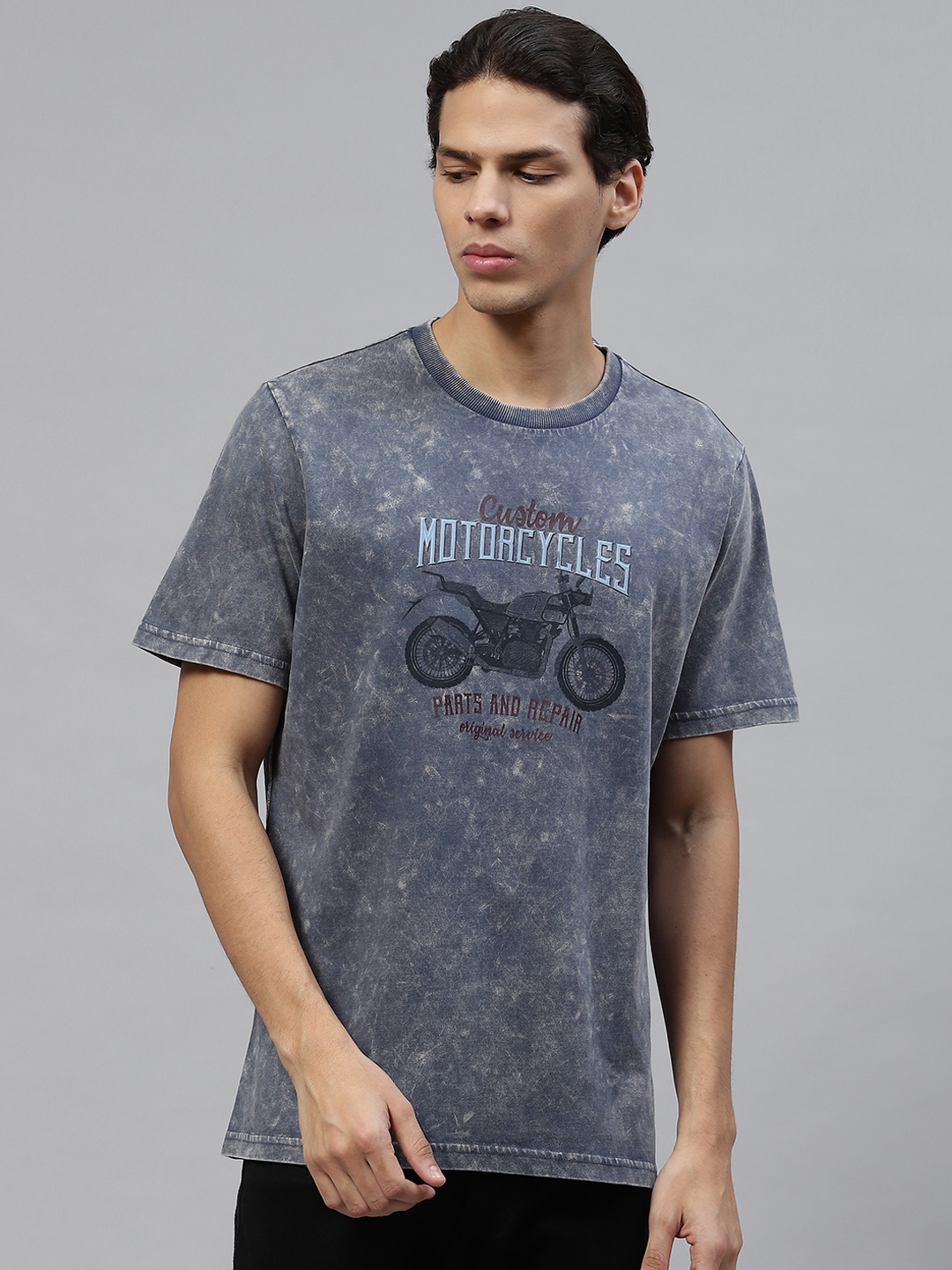 

Marks & Spencer Men Blue Dyed & Typography Printed Pure Cotton T-shirt