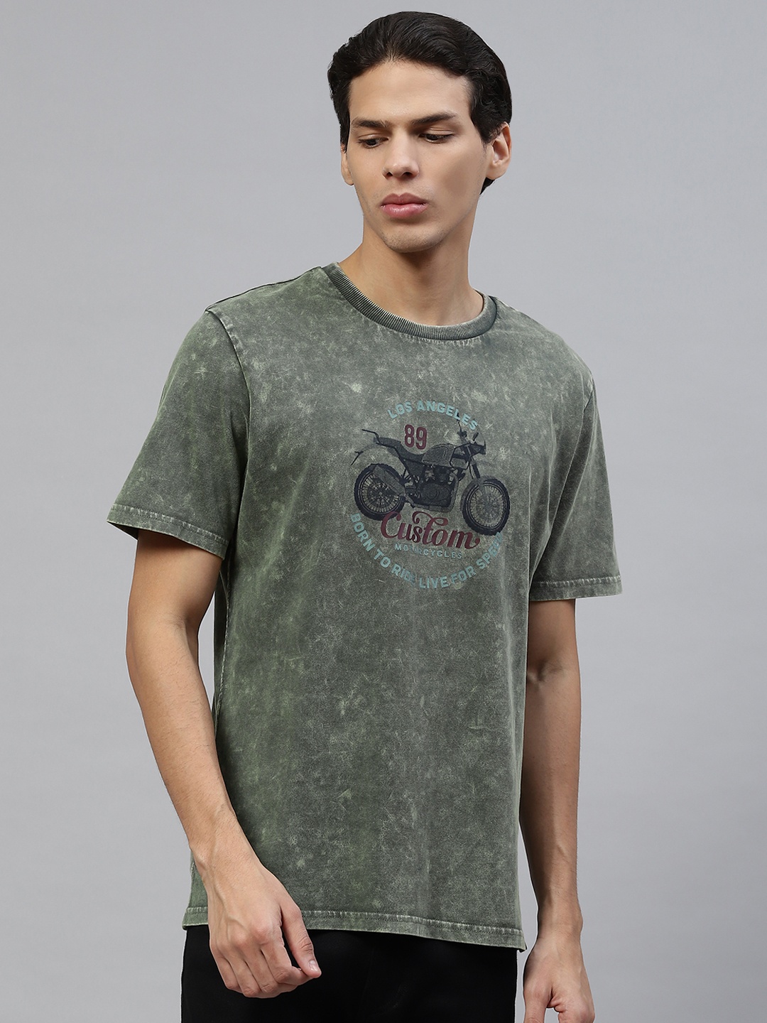

Marks & Spencer Men Green Dyed & Typography Printed Pure Cotton T-shirt