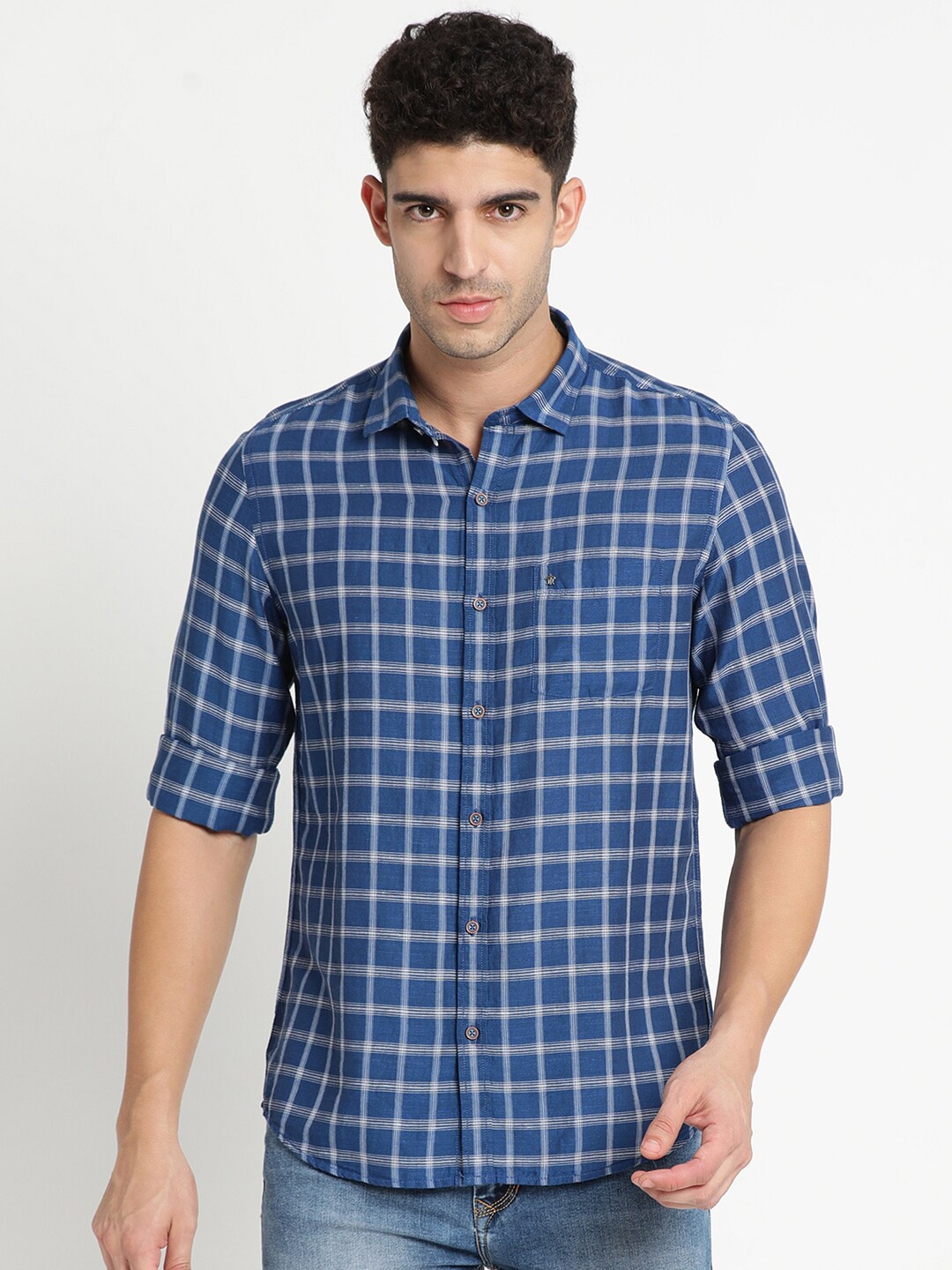 

Turtle Men Slim Fit Tartan Checked Casual Shirt, Blue