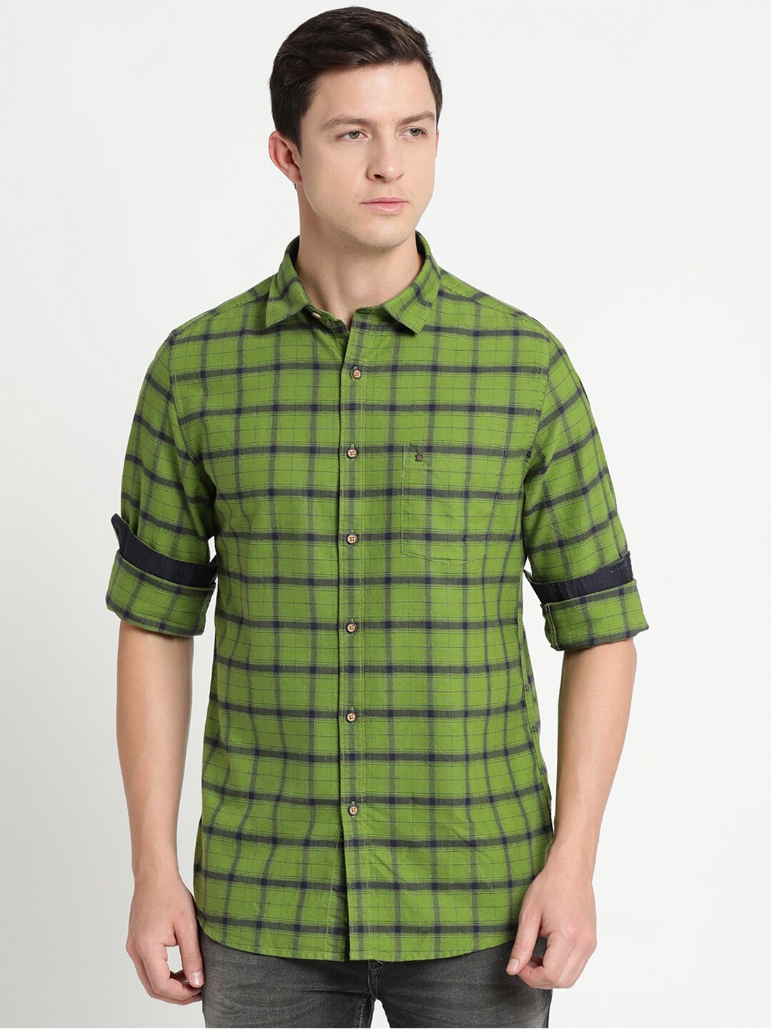 

Turtle Men Slim Fit Tartan Checked Casual Shirt, Green