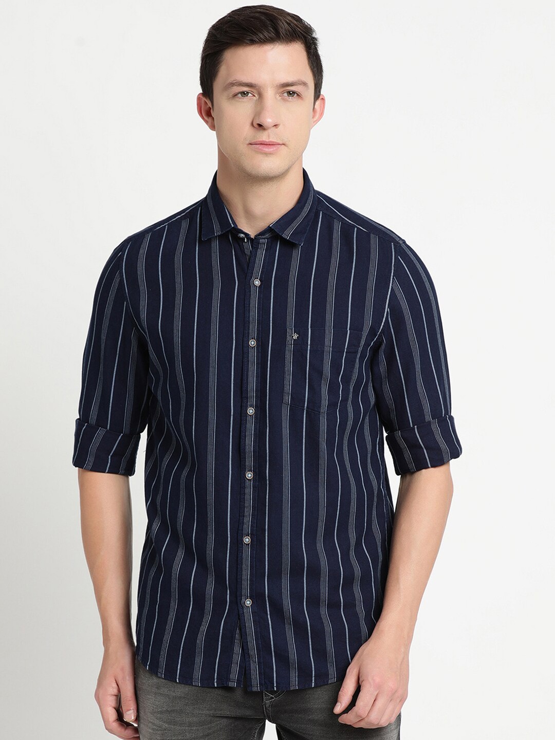 

Turtle Men Slim Fit Striped Cotton Casual Shirt, Navy blue