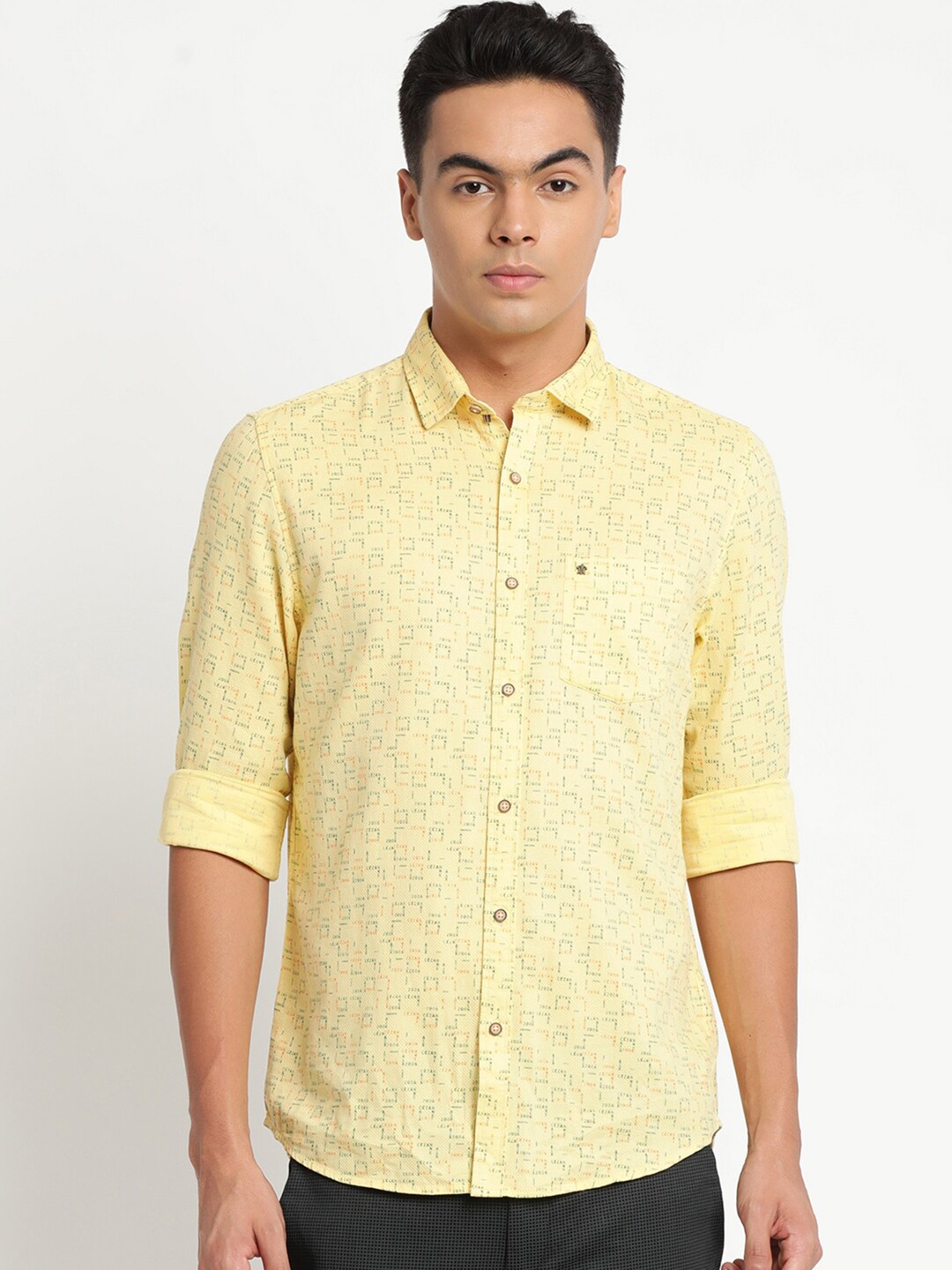 

Turtle Men Slim Fit Printed Pure Cotton Casual Shirt, Yellow
