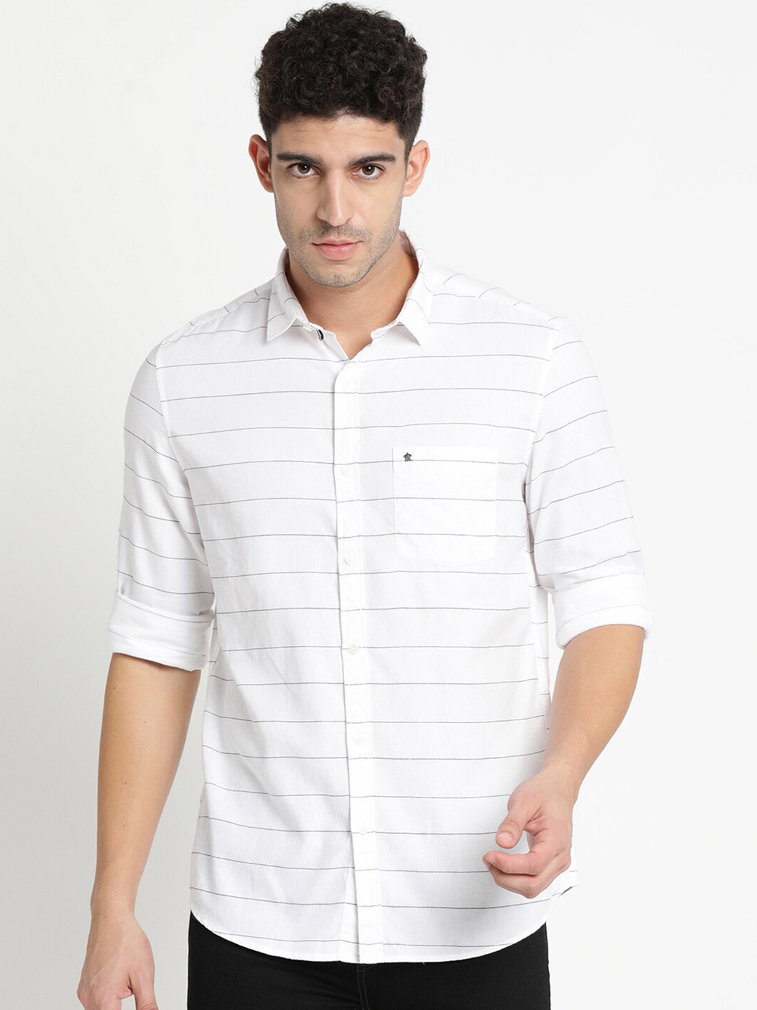 

Turtle Men Pure Cotton Spread Collar Roll Up Sleeves Horizontal Striped Casual Shirt, White