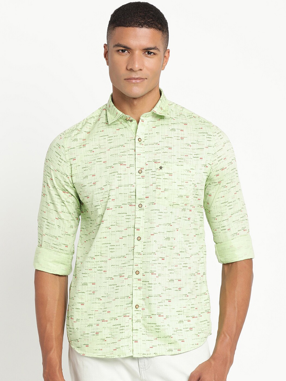 

Turtle Men Slim Fit Printed Pure Cotton Casual Shirt, Green