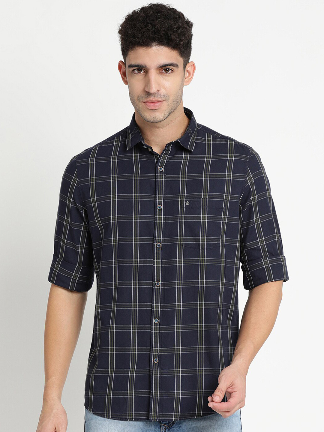 

Turtle Men Slim Fit Tartan Checks Checked Casual Shirt, Navy blue