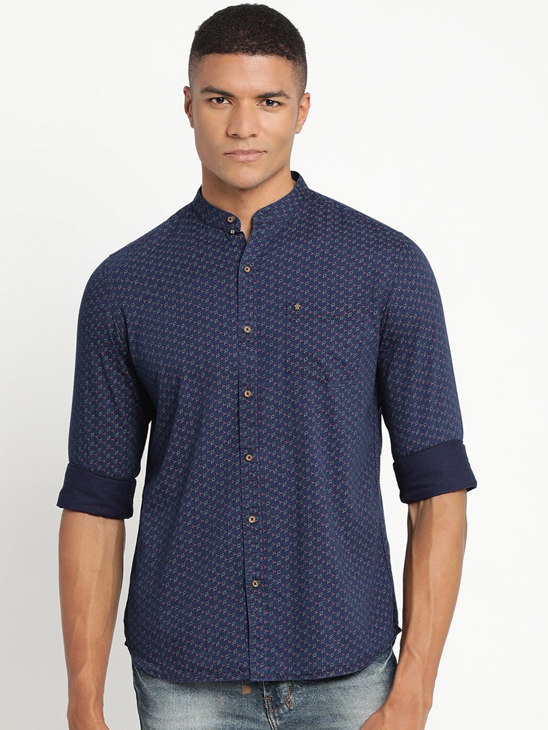 

Turtle Men Slim Fit Printed Casual Pure Cotton Shirt, Navy blue