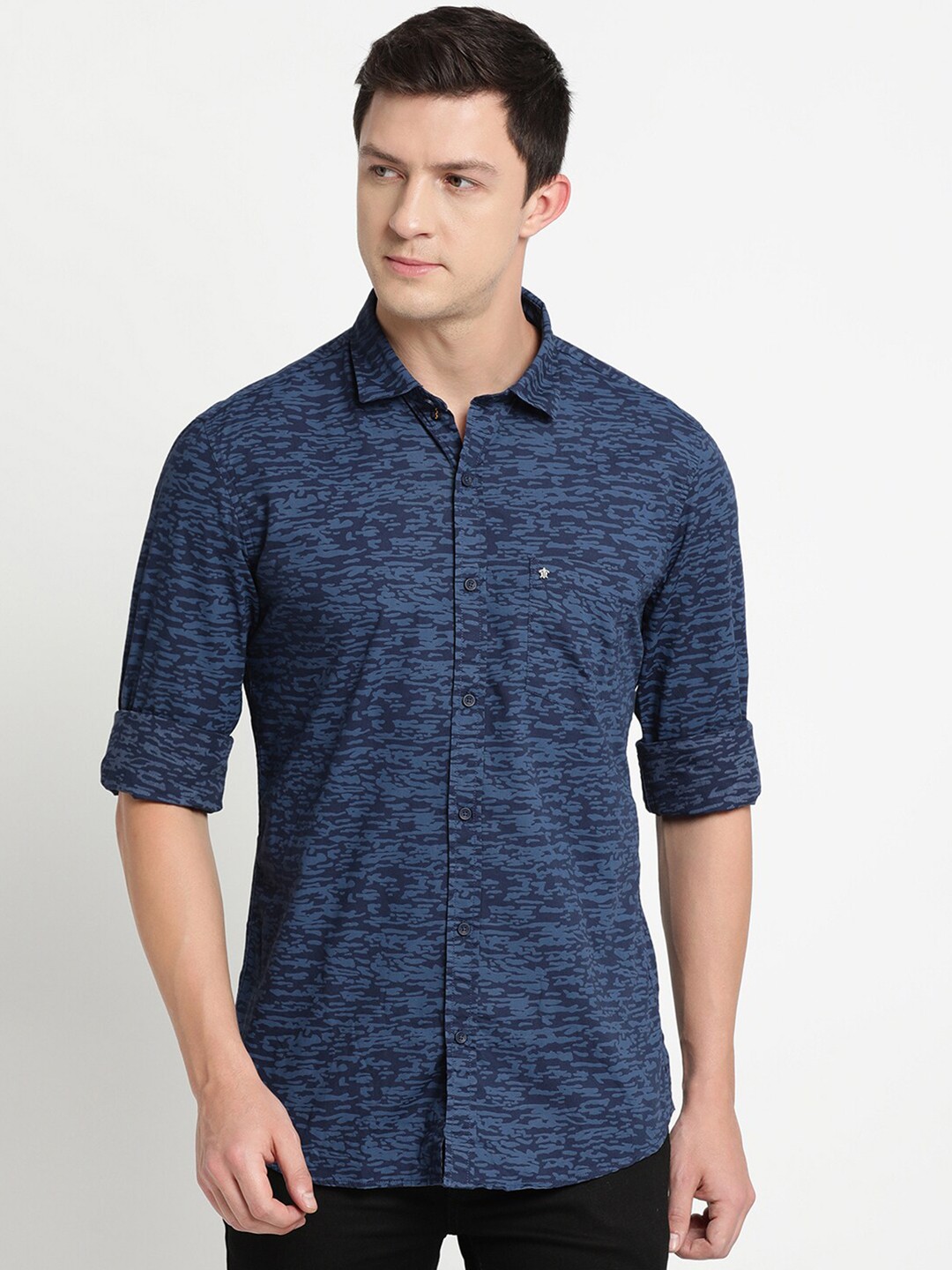 

Turtle Men Pure Cotton Spread Collar Roll Up Sleeves Slim Fit Printed Casual Shirt, Navy blue
