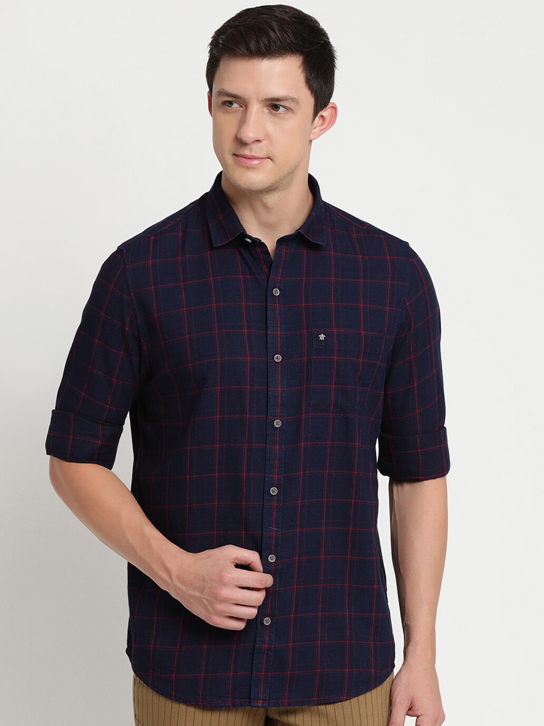 

Turtle Men Slim Fit Windowpane Checks Checked Casual Pure Cotton Shirt, Navy blue