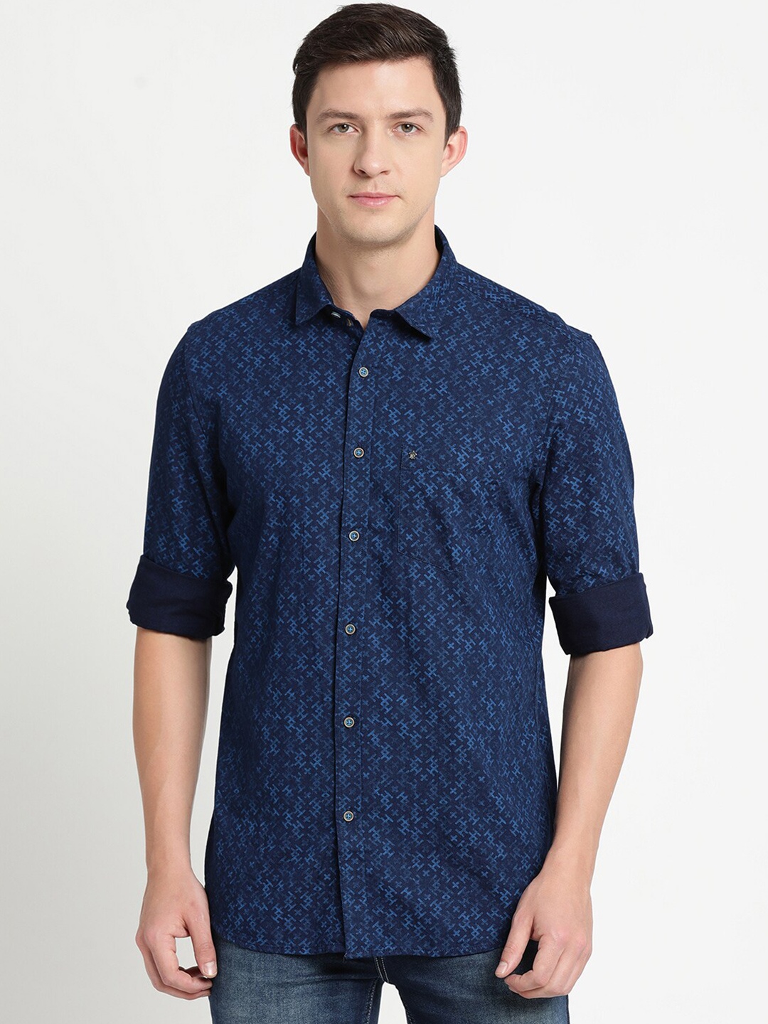 

Turtle Men Slim Fit Printed Pure Cotton Casual Shirt, Navy blue