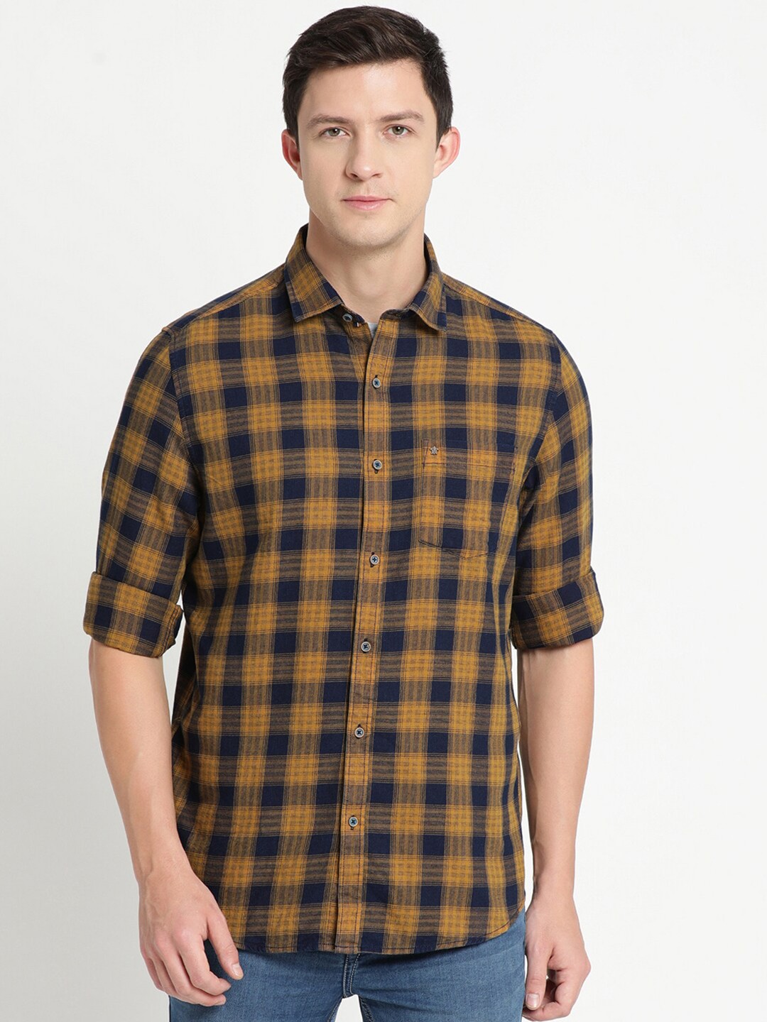 

Turtle Men Spread Collar Roll Up Sleeves Pure Cotton Tartan Checks Checked Casual Shirt, Mustard