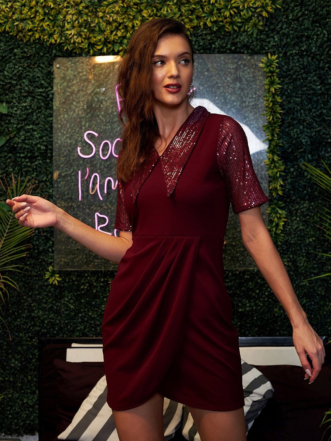 

Athena Women Embellished Polyester Bodycon Mini Dress, Burgundy