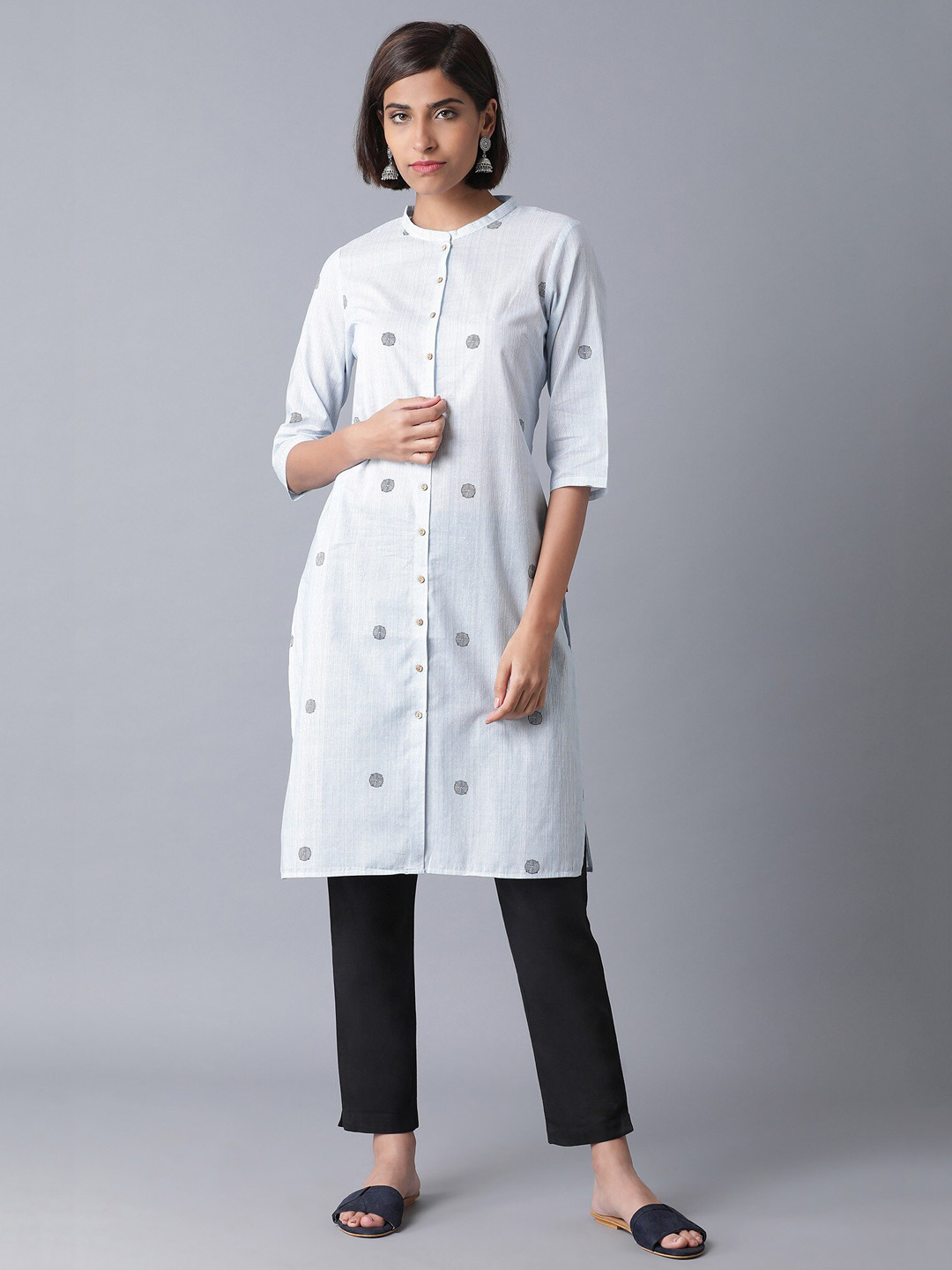 

W Women Blue Printed Pure Cotton Kurta with Trousers