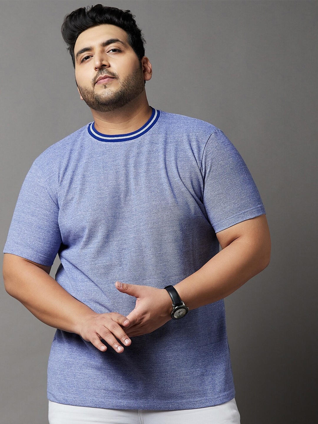 

bigbanana Plus Size Men Blue Pure Cotton Bio Finish T-shirt