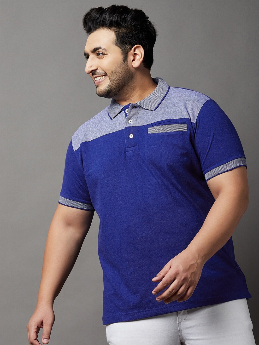 

bigbanana Men Plus Size Colourblocked Pure Cotton Bio Finish T-shirt, Blue