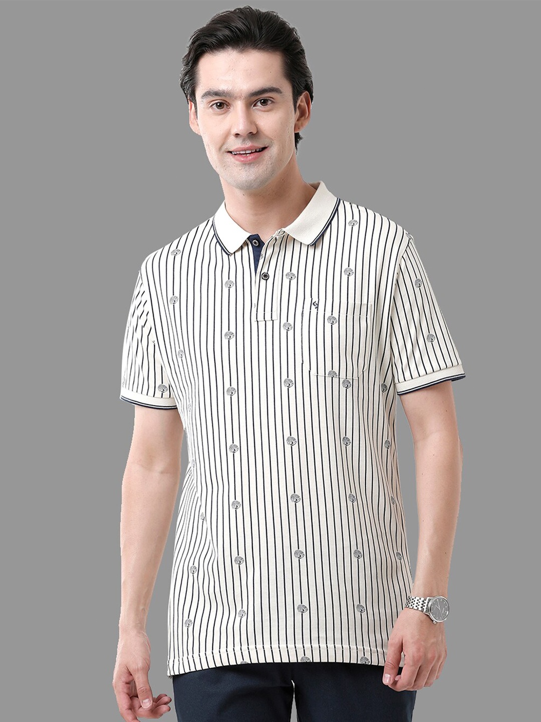 

Classic Polo Men Printed Checked Polo Collar Monochrome Slim Fit T-shirt, Beige