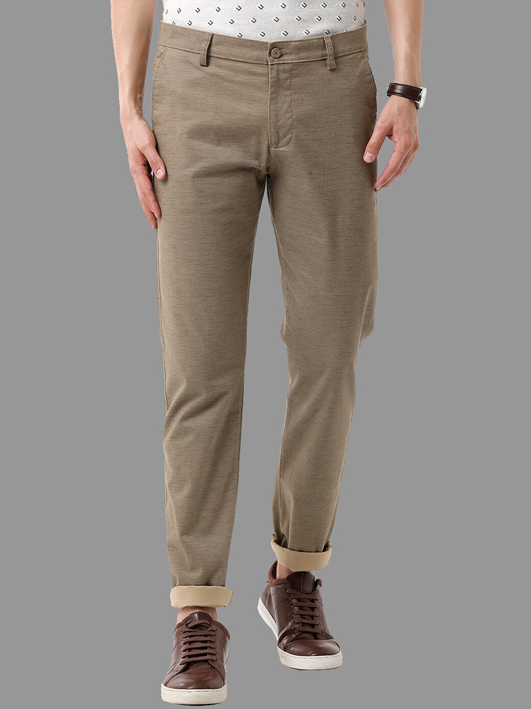 

Classic Polo Men Textured Smart Slim Fit Low-Rise Cotton Trouser, Khaki