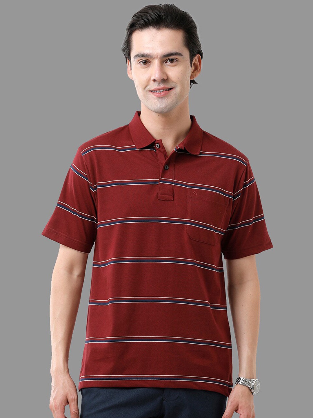 

Classic Polo Men Striped Polo Collar T-shirt, Maroon