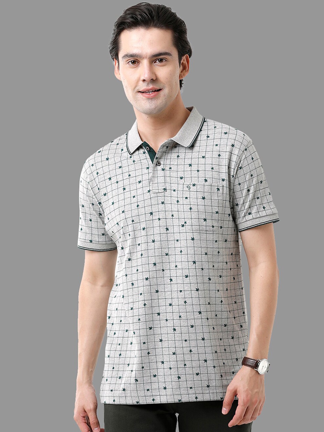 

Classic Polo Men Checked Polo Collar Slim Fit Cotton T-shirt, Grey