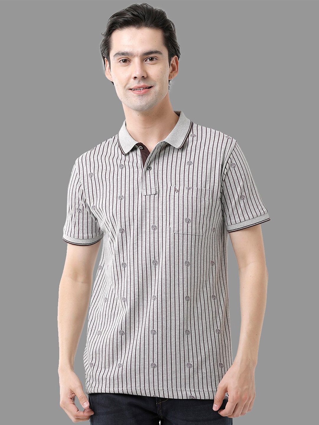 

Classic Polo Men Striped Polo Collar Slim Fit Cotton T-shirt, Grey
